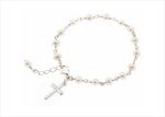 Silver Plated Womens Pearl Cross Charm Bracelet